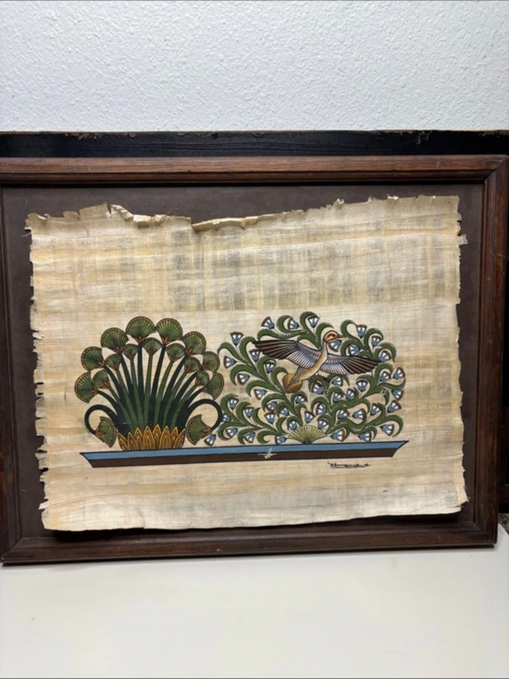 Egyptian art painted on papyrus duck lotus and papyrus plants with frame